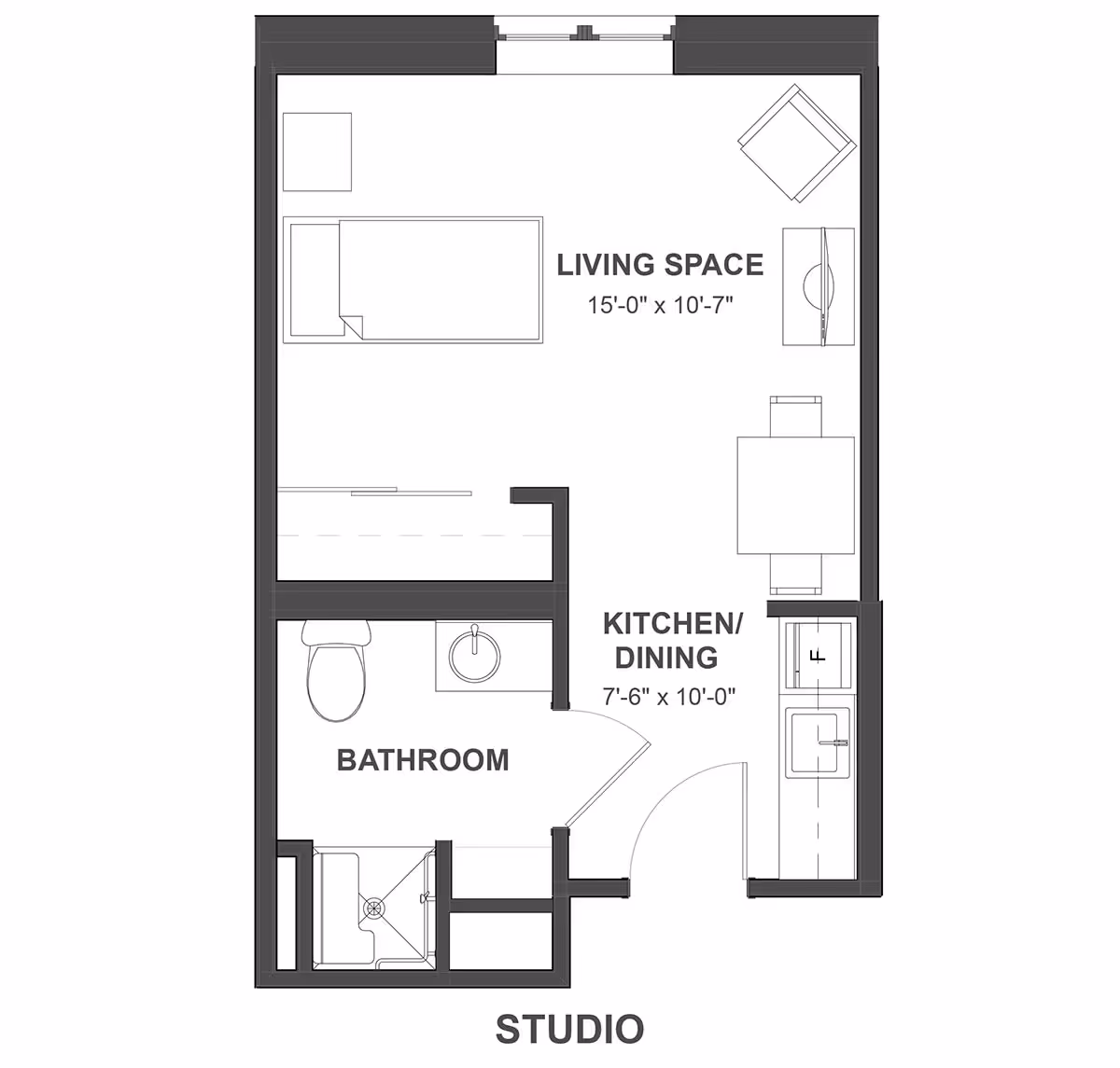 Architectural floor plan of a studio apartment at Oasis At 30th showing a living space with a bed, chair, and TV, a kitchen/dining area with a table and sink, and a bathroom with a toilet, sink, and shower.
