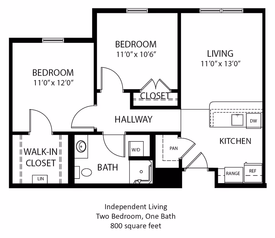 Floor plan of an independent living unit at The Waterford at Levis Commons showing two bedrooms, one bathroom, a living room, kitchen, hallway, walk-in closet, and pantry. The total area is 800 square feet.