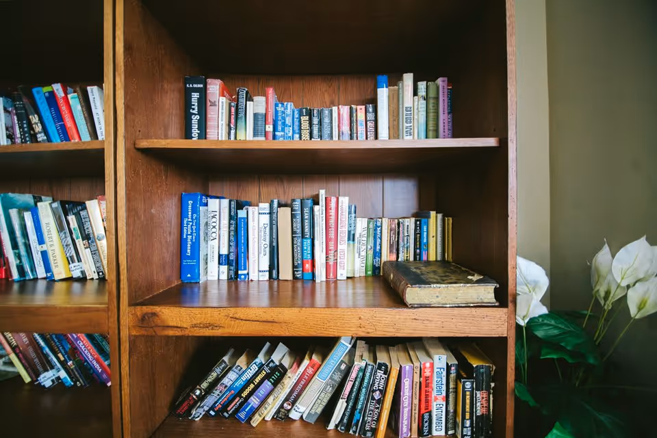 A wooden bookshelf filled with various books arranged on three shelves. To the right of the bookshelf, there is a green plant with white flowers. The background wall is beige.