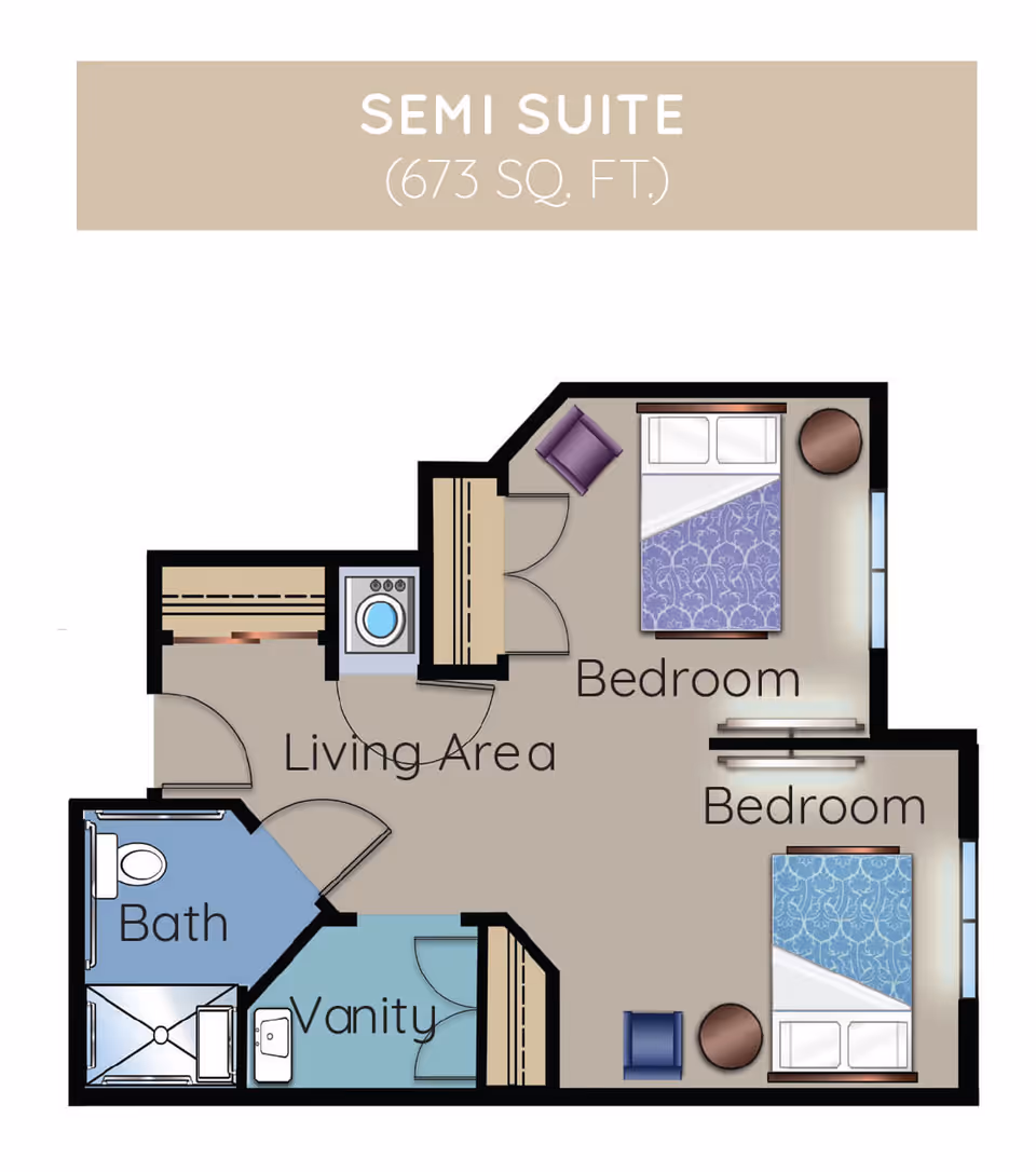 Floor plan of a semi suite measuring 673 square feet, showing two bedrooms, a living area, a bath, and a vanity area. The bedrooms each have a bed and a chair, the bath includes a toilet and shower, and the vanity has a sink.