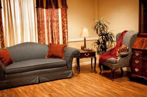 Cozy living room with sofa, armchair, lamp, and a potted plant.