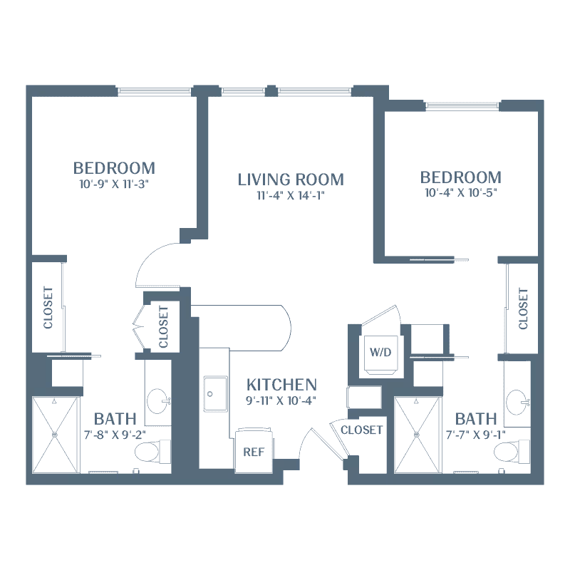 Floor plan of a two-bedroom apartment at The Variel Of Woodland Hills, showing two bedrooms each with a closet, two bathrooms, a living room, a kitchen with a refrigerator, and a washer/dryer area.