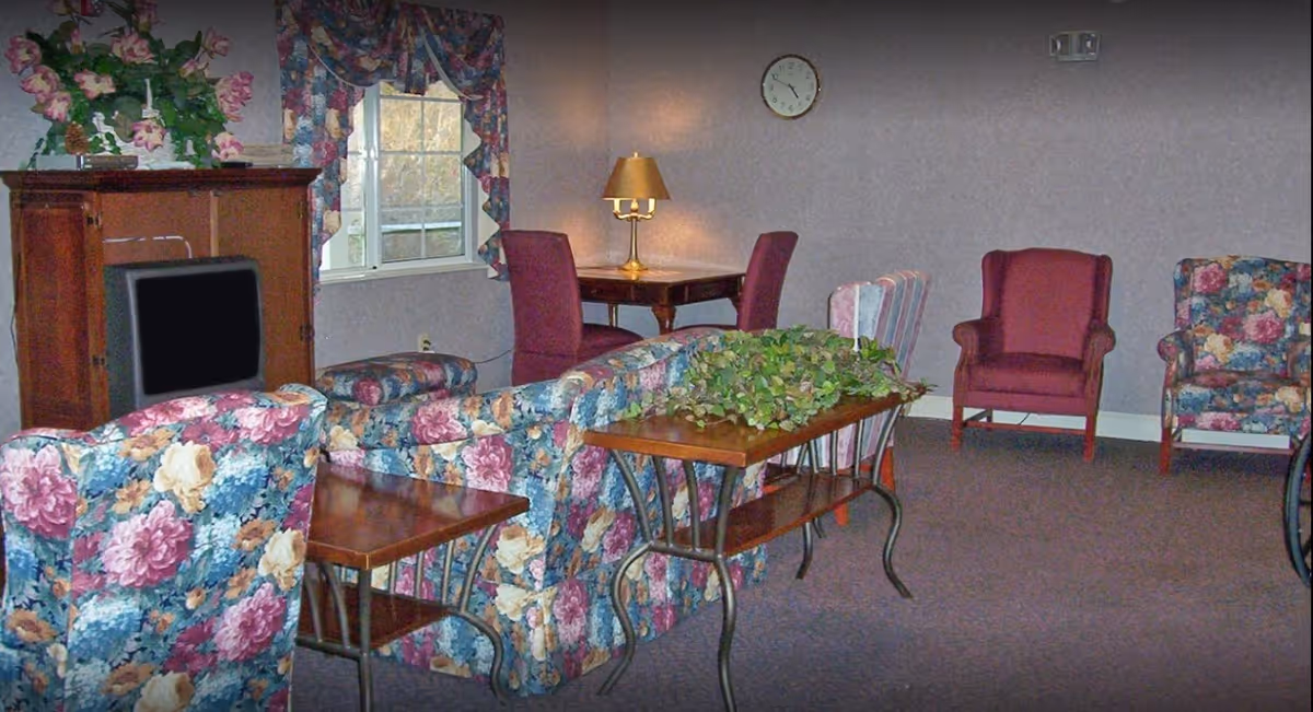 A cozy living room area with floral patterned armchairs and sofa, a wooden TV cabinet with an old-style television, a wooden table with a lamp, and a small table with green plants. The walls are light purple with a clock hanging on one wall and a window with floral curtains.
