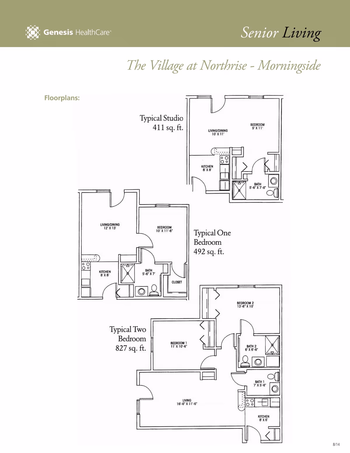 Floor plans for The Village at Northrise - Morningside showing three typical apartment layouts: a 411 sq. ft. studio with living/dining, kitchen, bedroom, and bath; a 492 sq. ft. one-bedroom with living/dining, kitchen, bedroom, bath, and closet; and an 827 sq. ft. two-bedroom with living room, kitchen, two bedrooms, and two baths.