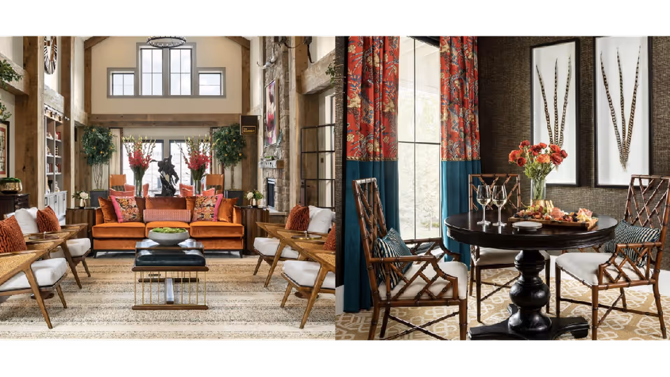 Warm, airy interior showing a living room with an orange sofa and exposed wooden beams alongside a small dining area with a round table and patterned curtains.