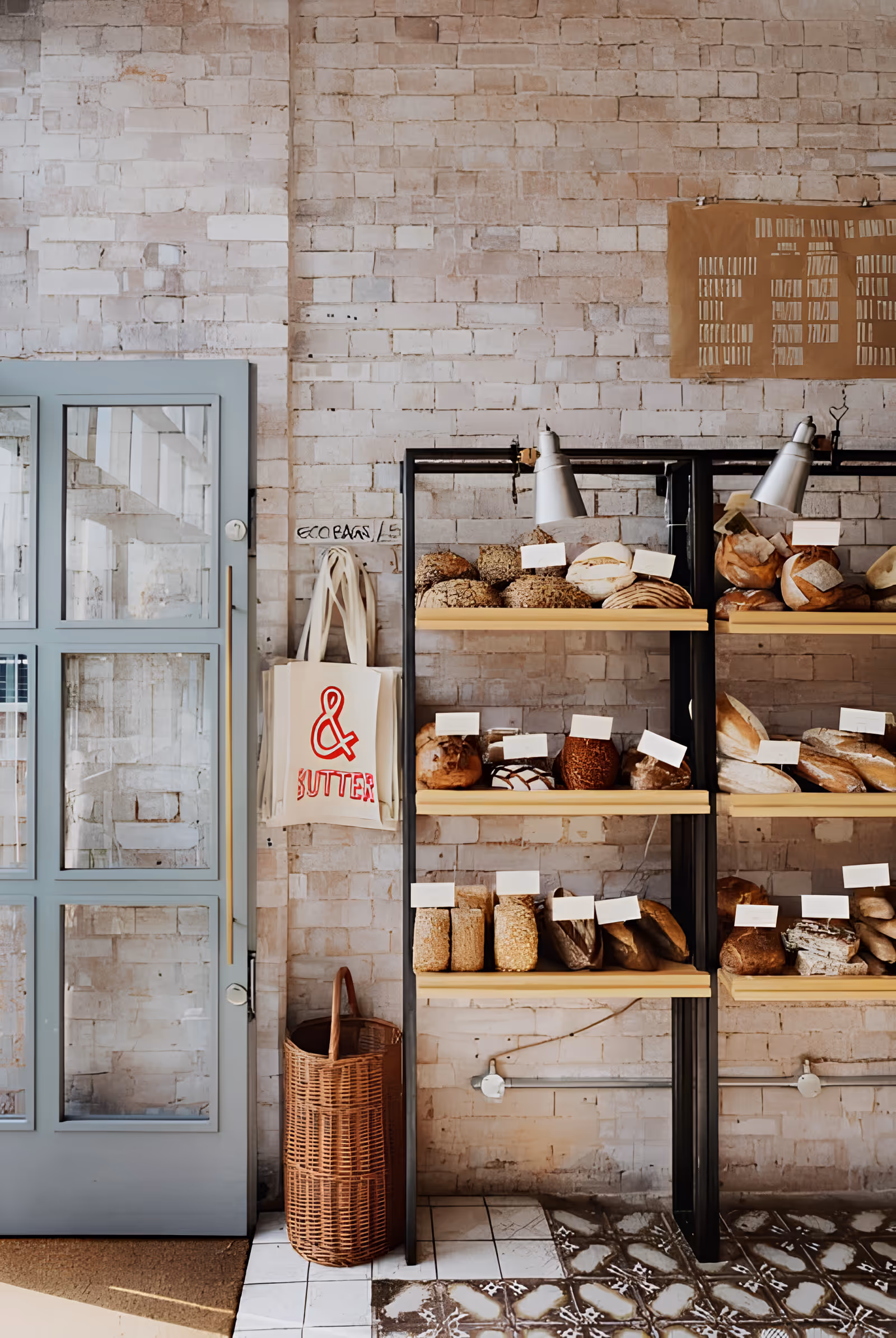 Interior of a bakery with shelves displaying various types of bread. The shelves are black metal with wooden planks, and there are small blank labels on the bread. A wicker basket is on the floor next to the shelves, and a beige tote bag with red text hangs on the wall. The background features a light brick wall and a blue door with glass panels.