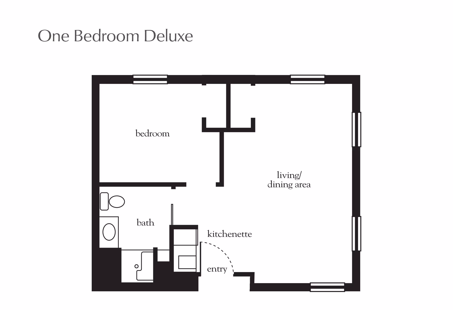 Floor plan labeled One Bedroom Deluxe showing a bedroom, bath, kitchenette, entry, and living/dining area.