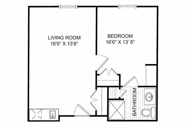 Architectural floor plan of a senior living unit at Summit Place of Kings Mountain showing a living room, bedroom, and bathroom with dimensions.