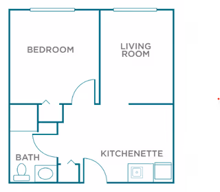 Floor plan layout of a senior living unit at The Enclave of Franklin showing a bedroom, living room, bath, and kitchenette with labeled rooms and basic fixtures.