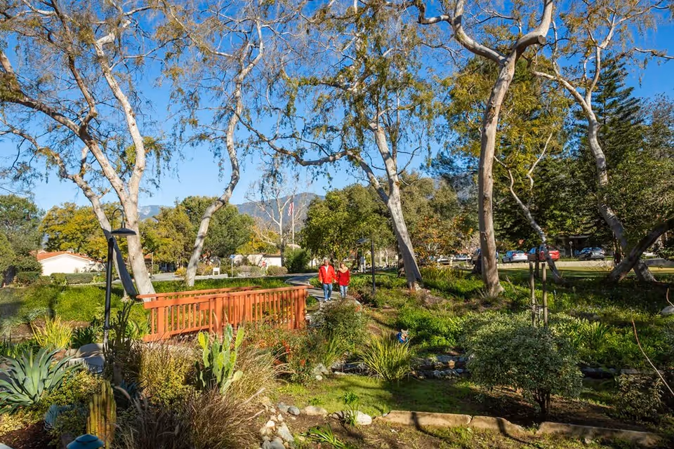 A scenic outdoor garden area with tall trees, various green plants, and a wooden bridge. Two people wearing red jackets are walking on a path in the background under a clear blue sky.