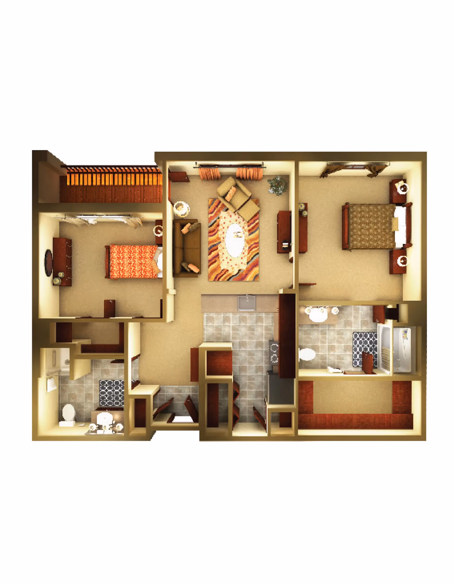 Top-down 3D floor plan of an apartment showing two bedrooms, a living room, kitchen, and two bathrooms.
