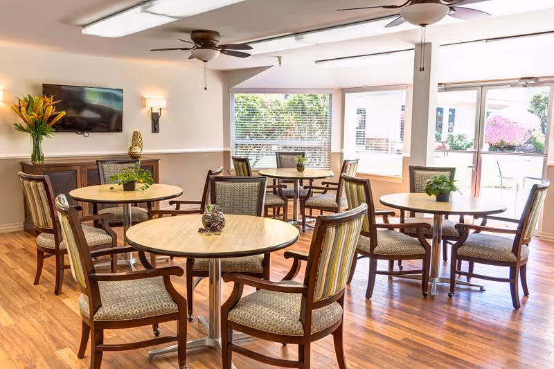 A bright and inviting dining area with round wooden tables and cushioned chairs arranged neatly on a polished wooden floor. The room features large windows letting in natural light, a wall-mounted TV, ceiling fans, and decorative plants on the tables and sideboard.