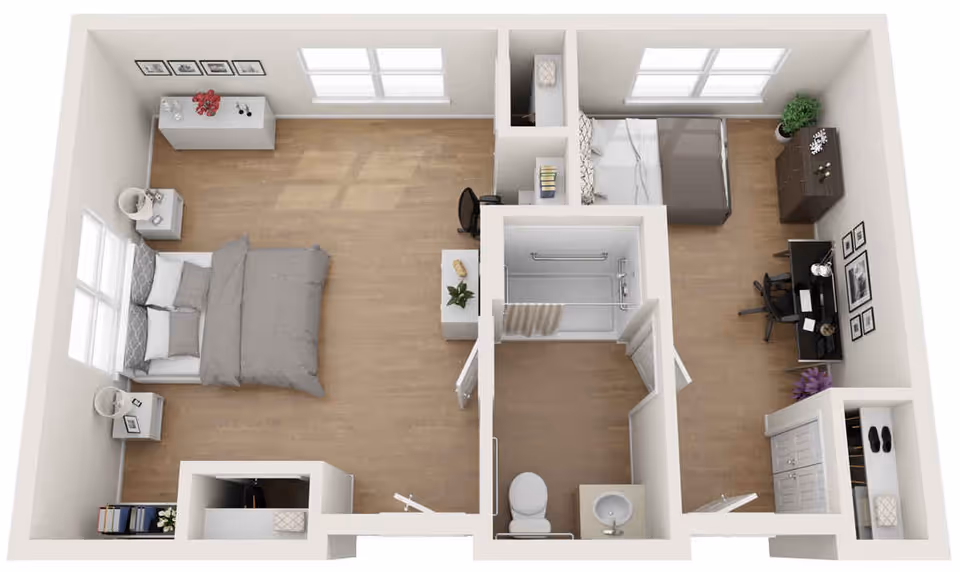 3D floor plan of a senior living apartment featuring two bedrooms, a bathroom with a shower, toilet, and sink, and a small hallway with closets. The larger bedroom has a double bed, nightstands, a dresser, and windows. The smaller bedroom includes a bed, a desk with a chair, a dresser, and windows. The bathroom is centrally located between the two bedrooms.