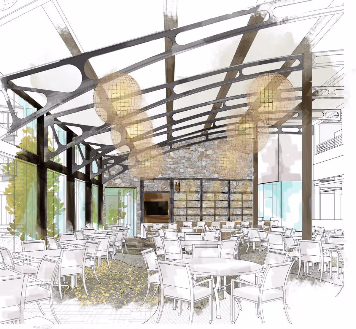 Architectural rendering of a spacious dining room with multiple round tables and chairs, exposed metal roof beams, hanging spherical pendant lights, and a stone feature wall.