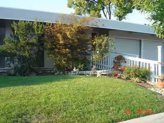 Sunflower Care Home exterior with manicured lawn, shrubs, and a small front porch railing.