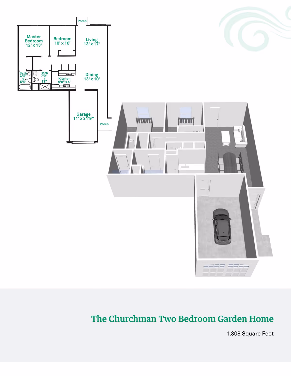 Floor plan and 3D layout of The Churchman Two Bedroom Garden Home at Beech Grove Meadows, showing a master bedroom, second bedroom, two bathrooms, kitchen, dining area, living room, garage, and porches. The total area is 1,308 square feet.