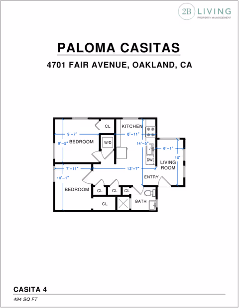 Floor plan of Paloma Casitas at 4701 Fair Avenue, Oakland, CA, showing two bedrooms, a kitchen, living room, bathroom, entry, and multiple closets. Dimensions of rooms are indicated in feet and inches.