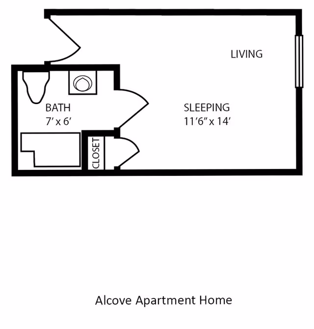 Floor plan of an Alcove Apartment Home at The Waterford at Carpenter's Creek, showing a living area, sleeping area measuring 11 feet 6 inches by 14 feet, a bathroom measuring 7 feet by 6 feet, and a closet.