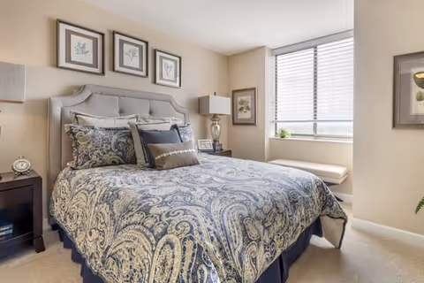 A neatly made bed with a blue and beige paisley patterned comforter and multiple pillows in a well-lit bedroom. The room features beige walls with three framed botanical prints above the headboard, a window with blinds, a cushioned bench beneath the window, a nightstand with a lamp and clock, and a small framed picture on the adjacent wall.