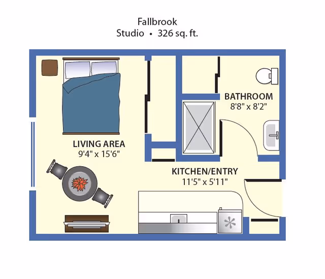 Floor plan of a studio apartment named Fallbrook with a total area of 326 square feet. The layout includes a living area with a bed, a small table with two chairs, and a TV stand. Adjacent to the living area is a kitchen/entry space with a sink and counter. There is a separate bathroom with a toilet, sink, and shower.