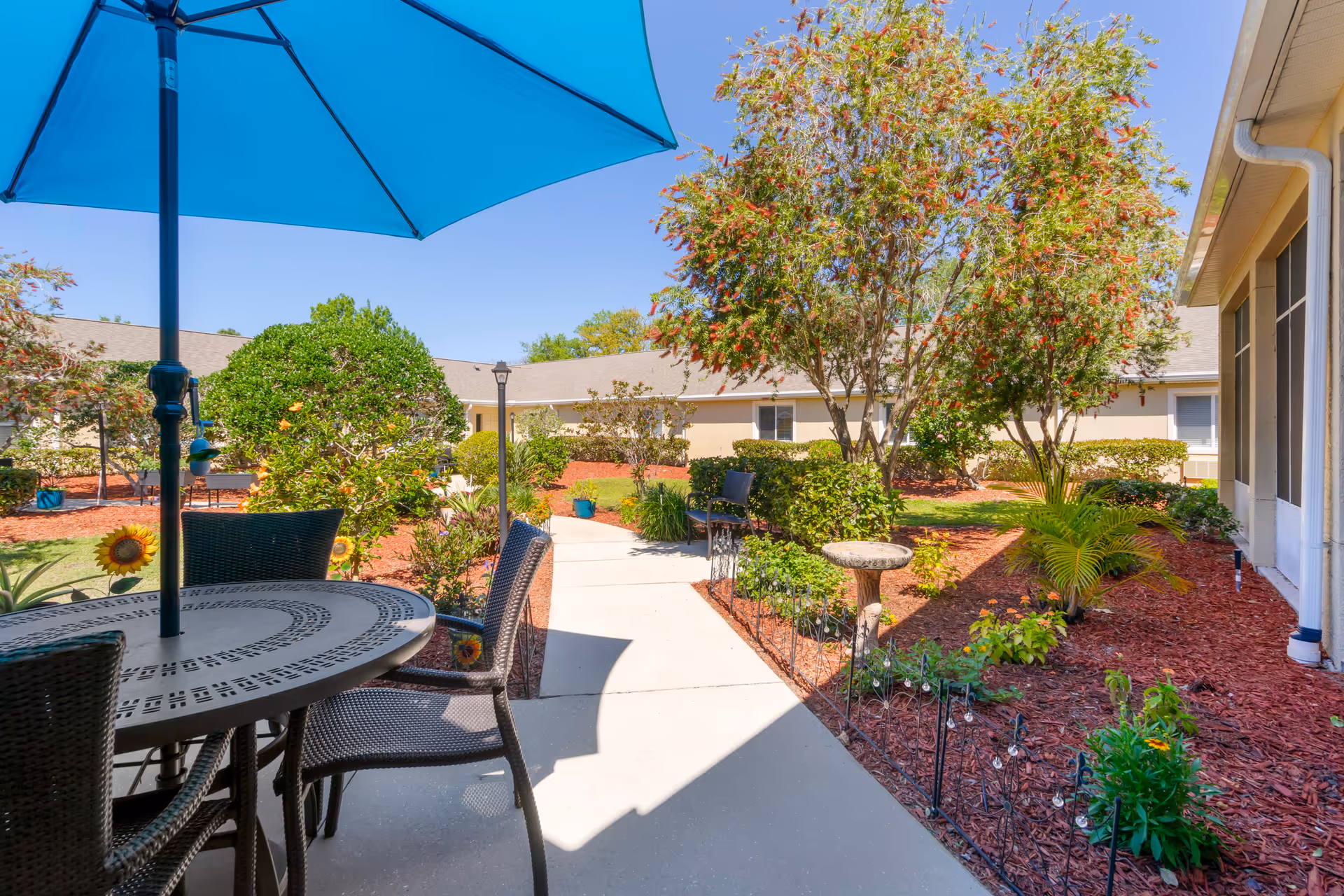 Sunny courtyard with a patio table and umbrella, a paved walkway, and landscaped garden beds surrounded by single-story buildings.