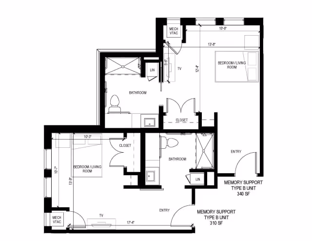 Architectural floor plan showing two memory support type B units at Avanti Senior Living at Augusta Pines. Each unit includes a bedroom/living room, bathroom, closet, and entry area. The plan details measurements and locations of mechanical and ventilation units, linen closets, and TV placements.
