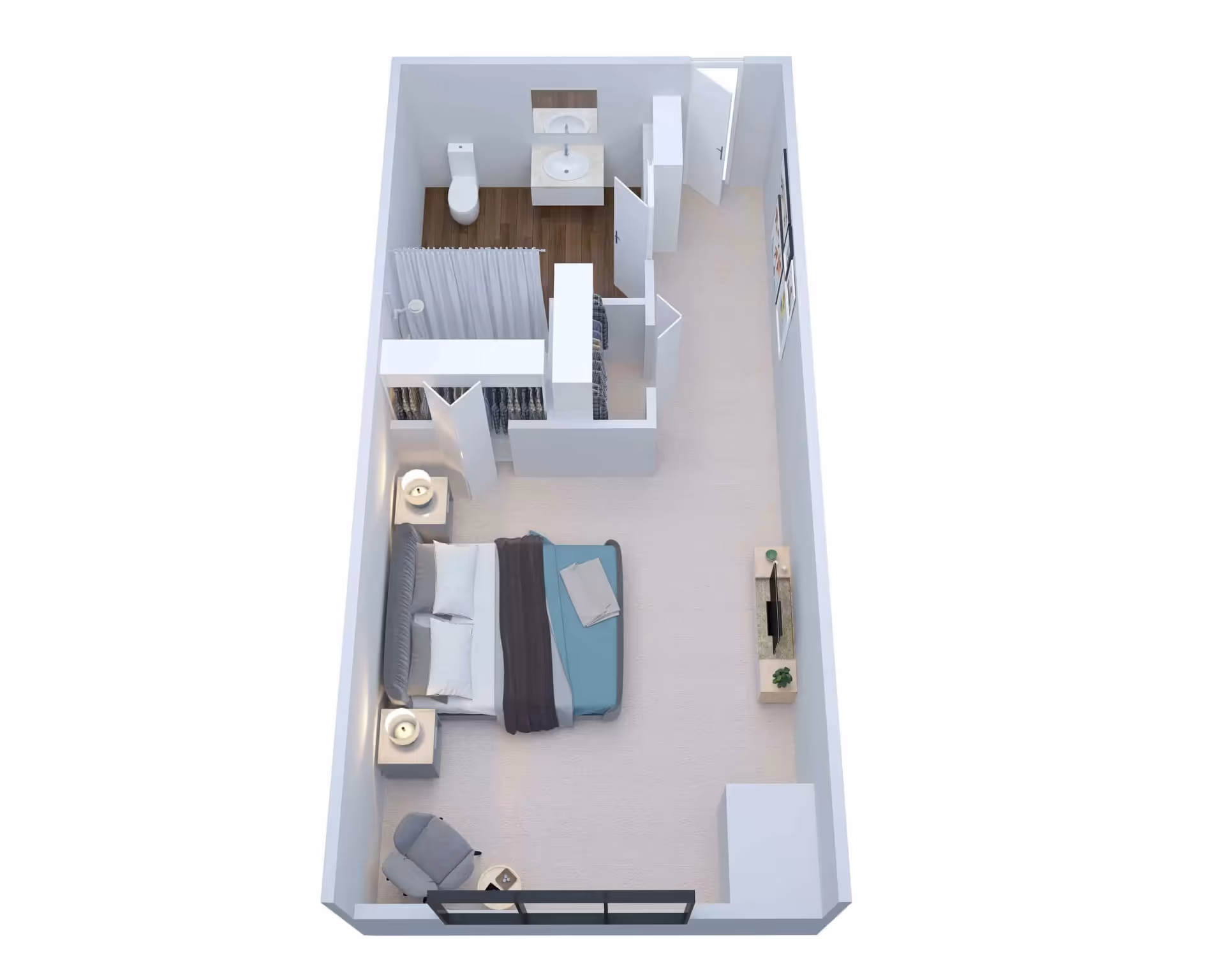 3D floor plan rendering of a studio apartment showing a bed, nightstands, a seating area, closet/storage, and a bathroom.