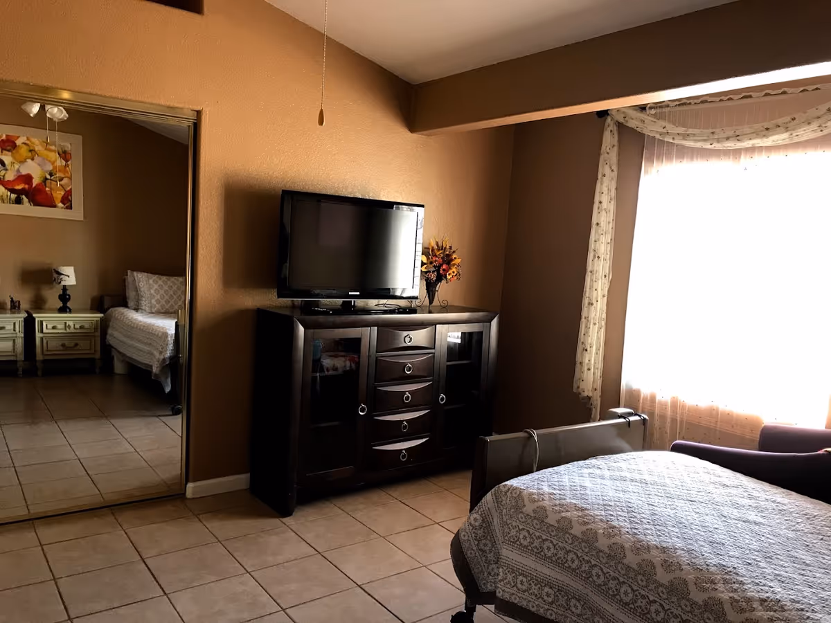 Sunlit bedroom with a bed, a TV on a dark dresser, mirrored closet doors, and a window with sheer curtains.