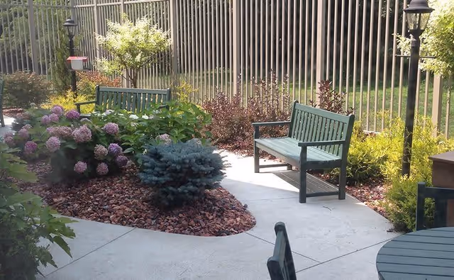 Outdoor garden area with two green benches, a round table with chairs, various plants including flowering bushes and shrubs, and a metal fence in the background.