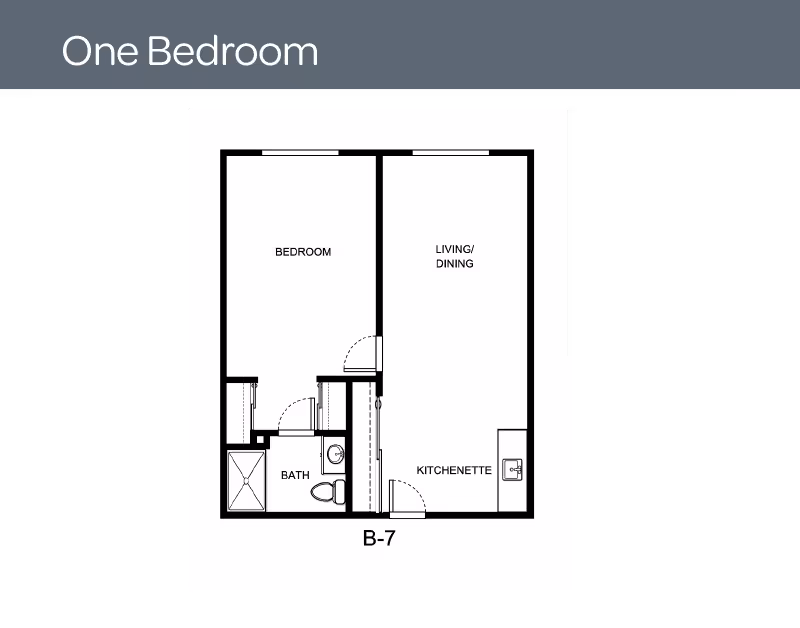Black-and-white one-bedroom floor plan labeled B-7 showing a bedroom, living/dining area, kitchenette, and bathroom.