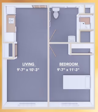 Top-down floor plan of a small apartment unit showing a living room measuring 9 feet 7 inches by 10 feet 3 inches, a bedroom measuring 9 feet 7 inches by 11 feet 3 inches with a bed, a bathroom with a toilet and sink, and a small kitchen area.