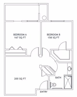 Architectural floor plan showing two bedrooms labeled Bedroom A (167 sq ft) and Bedroom B (158 sq ft), a bathroom, an entry area, and a 200 sq ft living space.