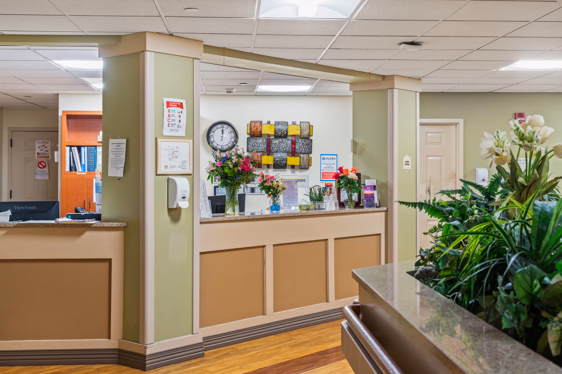Reception area of a senior living facility with a front desk decorated with flower vases, a wall clock, and colorful wall art. There are green plants in the foreground and office spaces visible behind the desk.