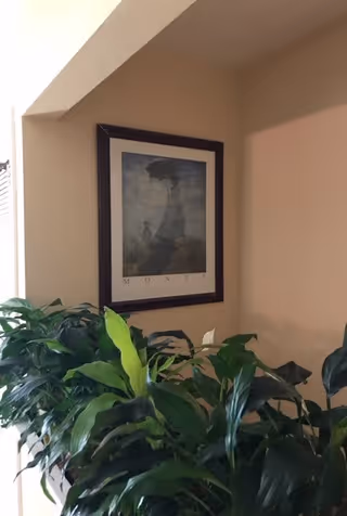 Indoor corner of a room with beige walls, featuring a framed Monet art print hanging on the wall above a group of green leafy plants.
