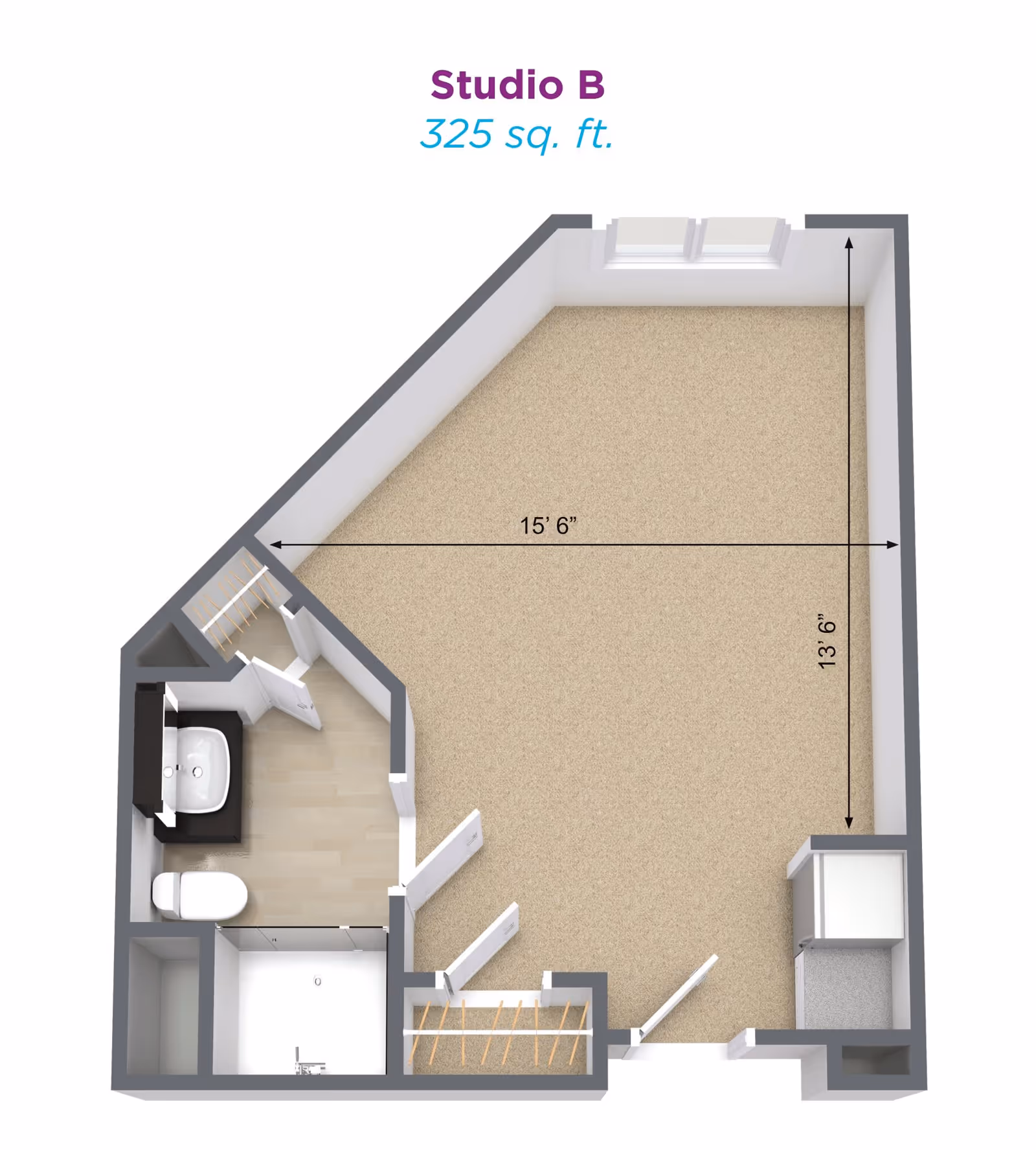 Floor plan of Studio B apartment with 325 square feet, showing a main living area measuring 15 feet 6 inches by 13 feet 6 inches, a bathroom with a sink, toilet, and shower, and a small kitchen area.