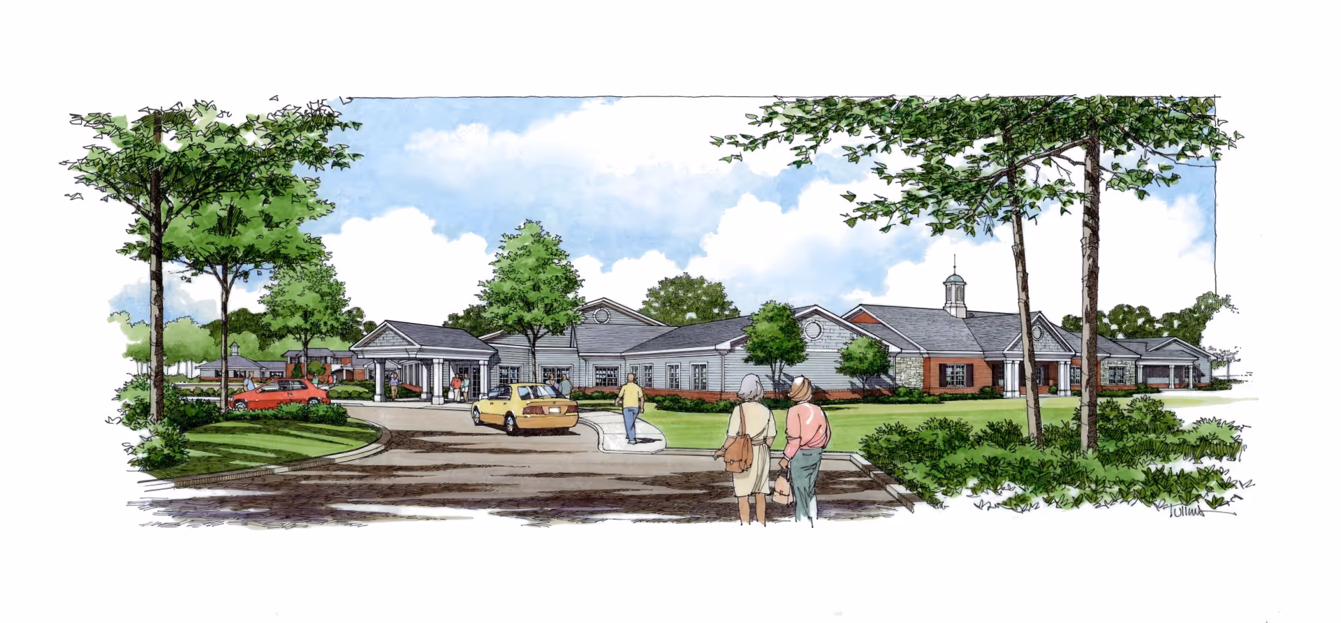 Illustration of the front exterior view of Windsor Medical Center, showing a single-story building with a covered entrance, surrounded by trees, greenery, and a driveway with cars and people walking towards the entrance.