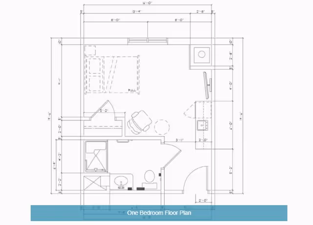 Architectural one-bedroom floor plan drawing showing room layout, furniture, and dimensions.