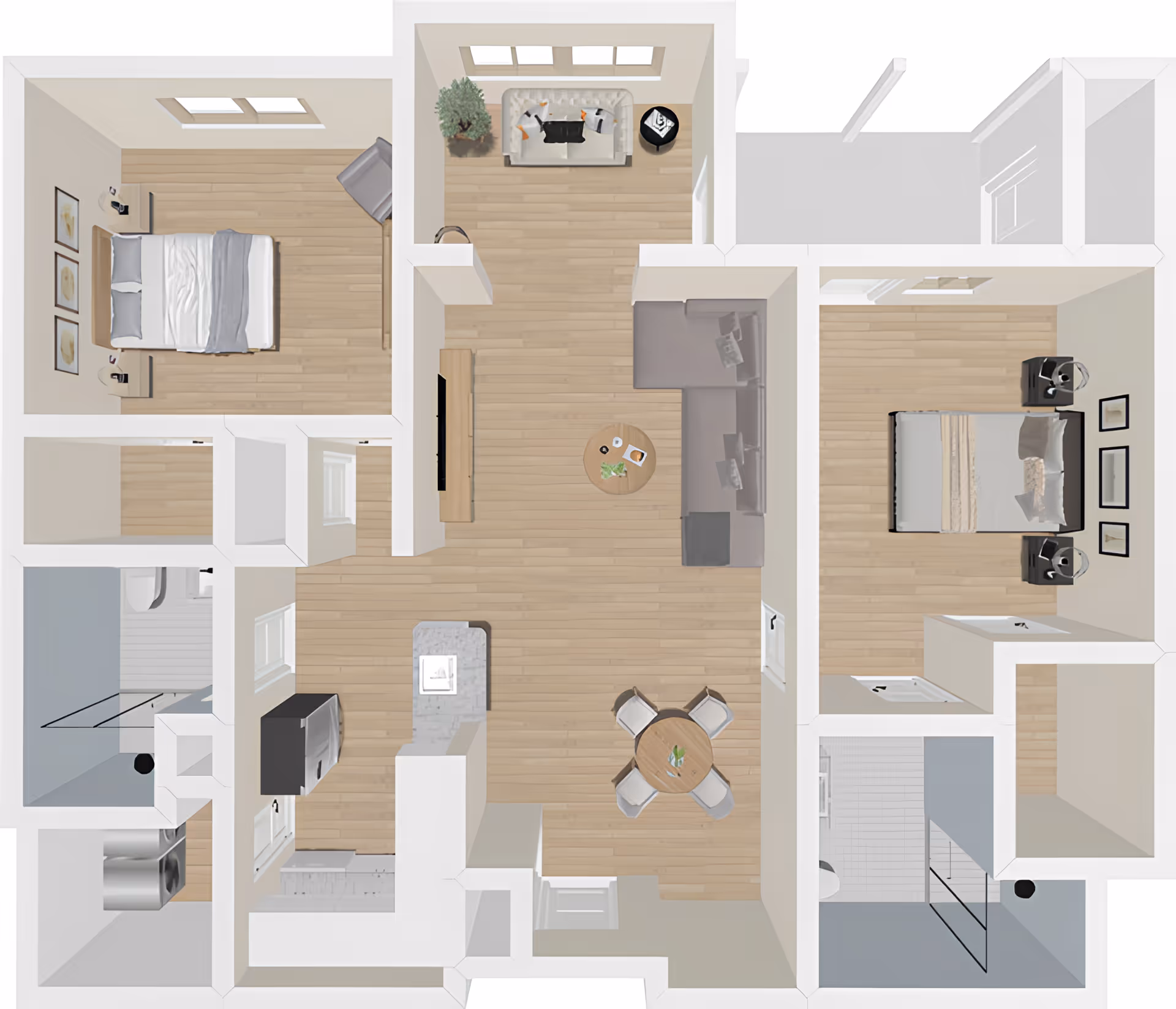 Rendered top-down floor plan of a two-bedroom apartment showing a living room, kitchen with island, dining area, and bathrooms.