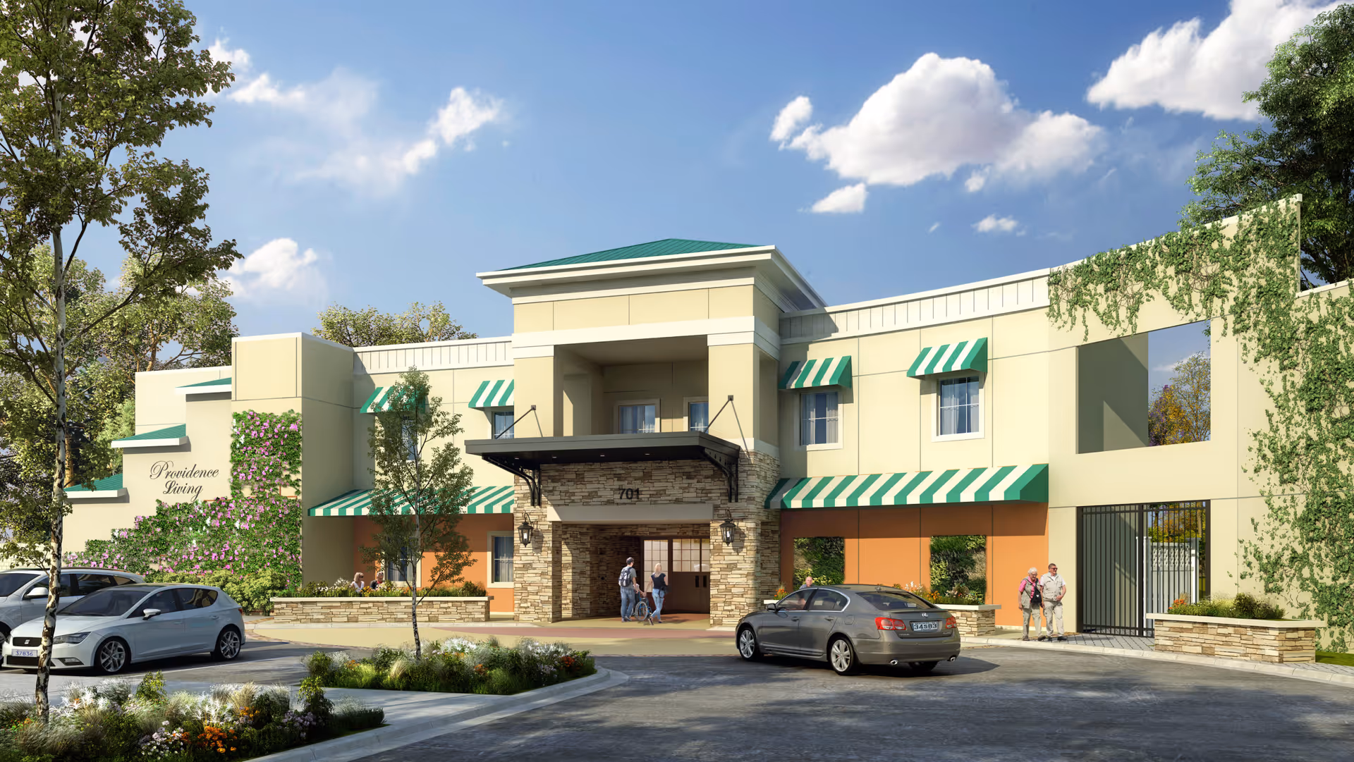 Exterior view of Providence Living at Maitland, a two-story building with a green roof and green-and-white striped awnings. There are several trees and landscaped areas around the entrance, with a few cars parked in front and people walking near the entrance under a covered driveway.