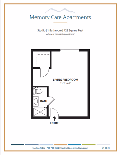Floor plan of a studio memory care apartment showing a combined living/bedroom, bathroom, closet, and entry.