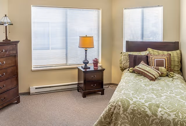 A cozy bedroom with a single bed covered in green and beige patterned bedding and multiple pillows. Next to the bed is a wooden nightstand with a table lamp and a small decorative plant. There is a large window with closed blinds behind the nightstand and another window with closed blinds behind the bed. A tall wooden dresser with a lamp on top is positioned against the left wall. The room has beige walls and carpeted flooring.