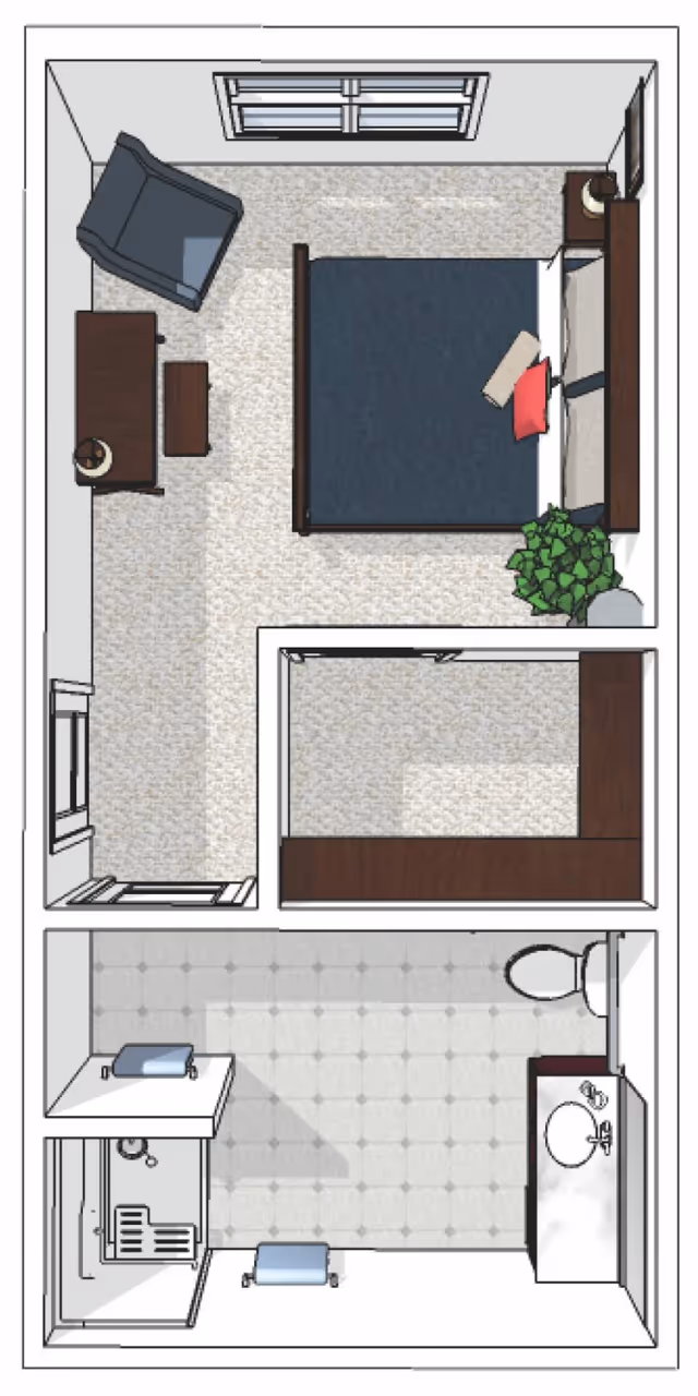 Top-down floor plan of a senior living unit featuring a bedroom with a bed, armchair, dresser, nightstand, and a plant. Adjacent to the bedroom is a bathroom with a shower, toilet, and sink with a countertop.