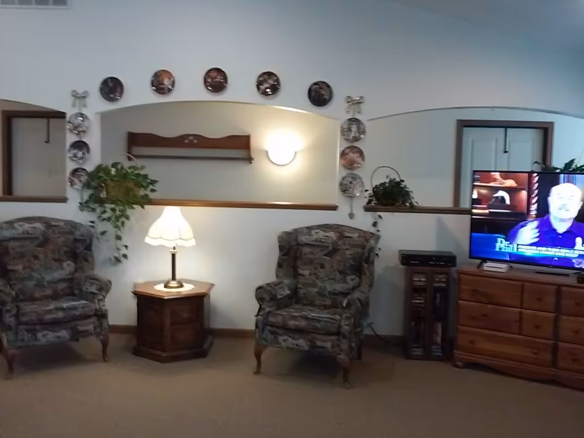A cozy living room area with two patterned armchairs on either side of a wooden side table with a lamp. Above the table is a wall-mounted light fixture and decorative plates arranged in an arch. To the right, there is a wooden dresser with a flat-screen TV showing a man speaking on a talk show. There are also some plants placed on the wall shelf and dresser.