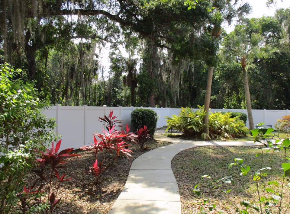 Curved concrete walkway through a landscaped garden with tropical plants, palm trees, and a white fence.