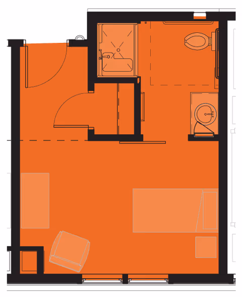 Architectural floor plan of a senior living facility unit at Bridges by EPOCH At Westford, showing a layout with a bedroom area, a bathroom with a shower, toilet, and sink, and an entry door.