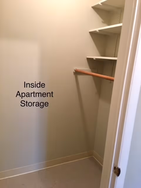 Empty apartment storage closet with beige walls, a wooden hanging rod, and white shelves on the right side.