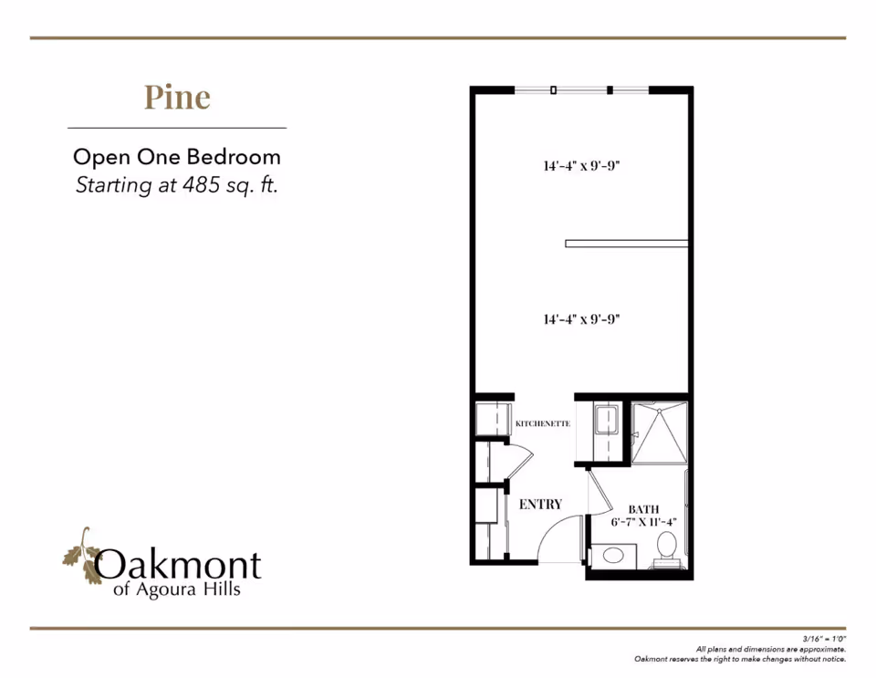 Floor plan for Pine, an open one bedroom apartment starting at 485 square feet at Oakmont of Agoura Hills. The layout includes an entry area, kitchenette, bathroom measuring 6 feet 7 inches by 11 feet 4 inches, and a main living space divided into two sections each measuring 14 feet 4 inches by 9 feet 9 inches.