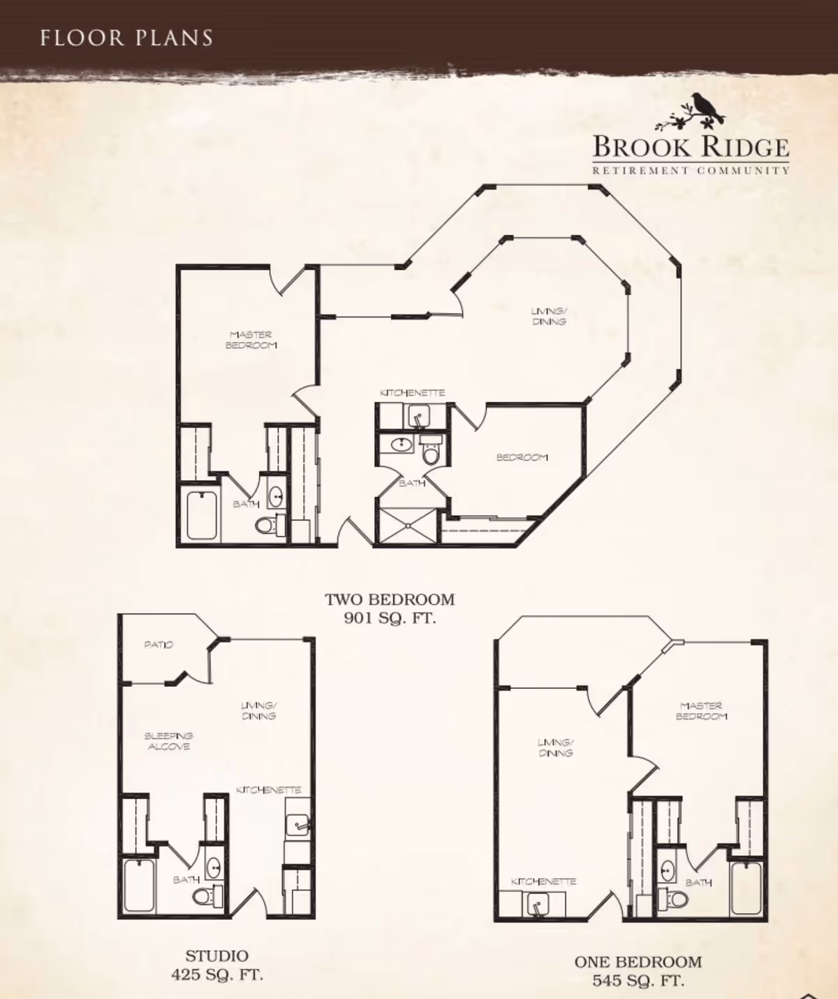 Floor plans for Brook Ridge Retirement Community showing three layouts: a two-bedroom unit with 901 square feet including a master bedroom, bedroom, kitchenette, two baths, and living/dining area; a studio unit with 425 square feet including a sleeping alcove, kitchenette, bath, patio, and living/dining area; and a one-bedroom unit with 545 square feet including a master bedroom, kitchenette, bath, and living/dining area.