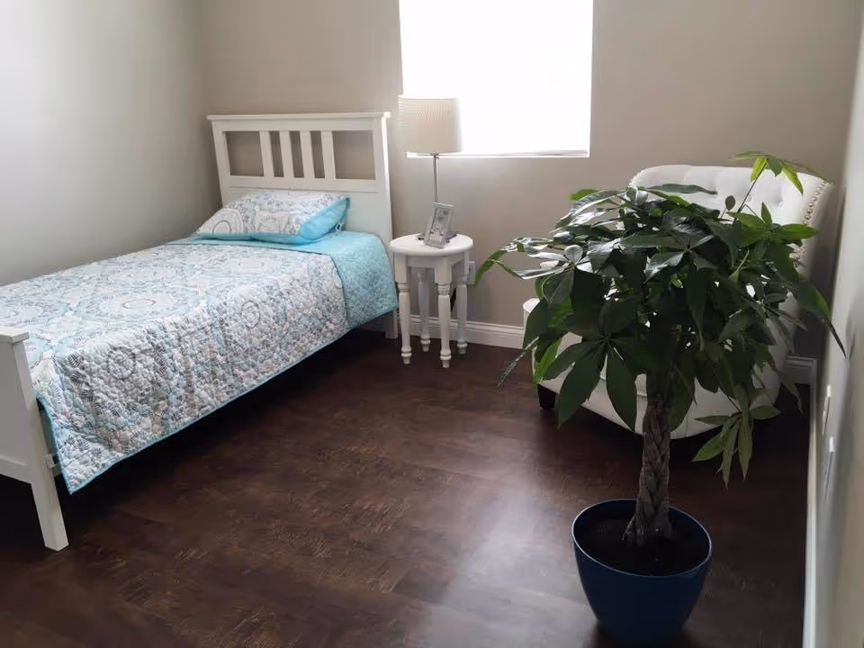 A small bedroom with a single white bed covered with a light blue patterned quilt and matching pillow. Next to the bed is a white round side table with a lamp and a small picture frame. There is a white armchair in the corner near a window, and a large potted plant with green leaves is placed on the dark wooden floor.
