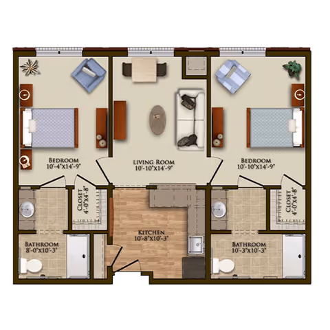 Floor plan of a senior living apartment at The Harmony Collection at Hanover Assisted Living and Memory Care, showing two bedrooms each with a closet and bathroom, a central living room with seating and a dining table, and a kitchen area with appliances and cabinetry.